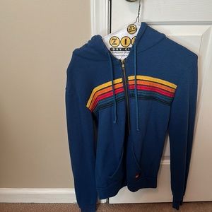 Aviator Nation 5 striped stitch hoodie zip up in royal blue, size XS.